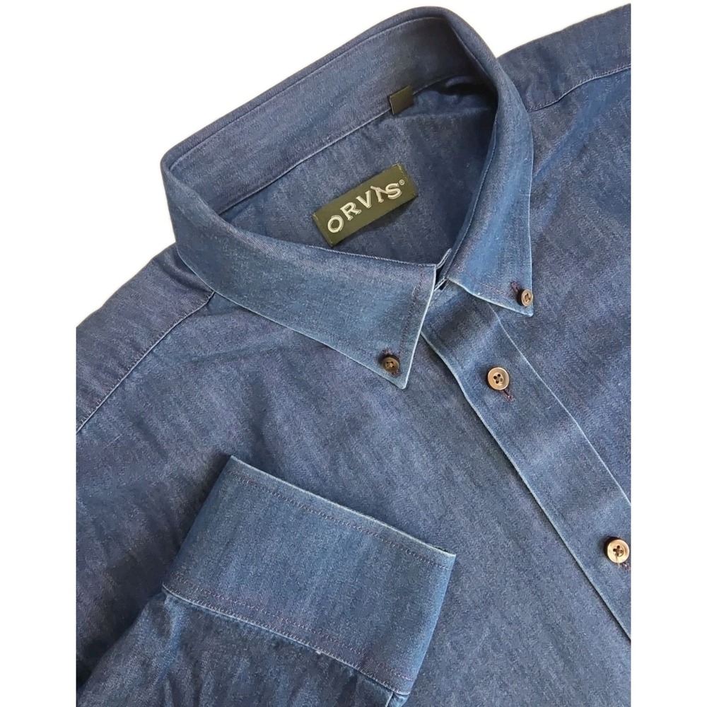 ORVIS Chambray Denim Shirt Mens Dark Wash Jean Long‎ Sleeve Button Down